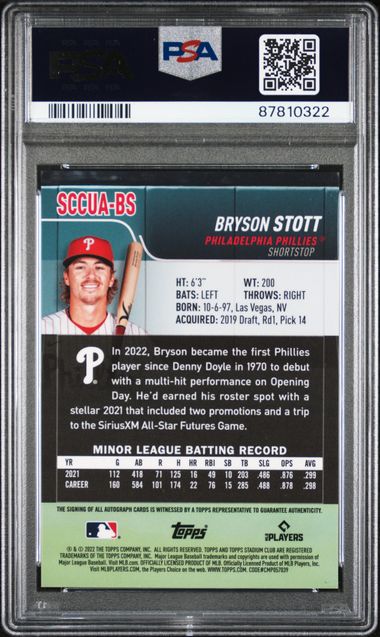 Bryson Stott 2022 Stadium Club Chrome Autograph Refractor PSA 10