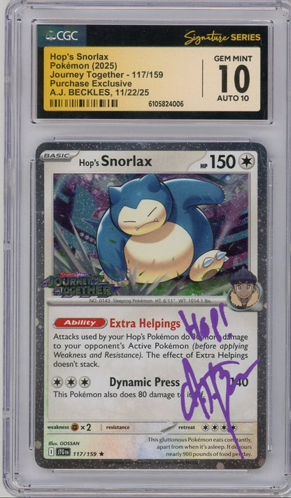 Hop's Snorlax 2025 Pokemon Journey Together Purchase Exclusive AJ Beckles autograph CGC 10 AUTO 10 (Signature Series)