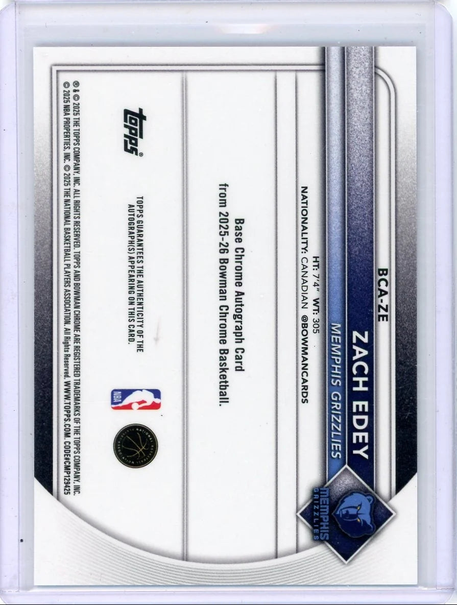 Zach Edey 2025-26 Bowman Chrome speckle ref. autograph #'d 046/299