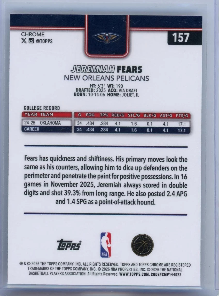 Jeremiah Fears 2025-26 Topps Chrome Update Image Variation Speckle RC
