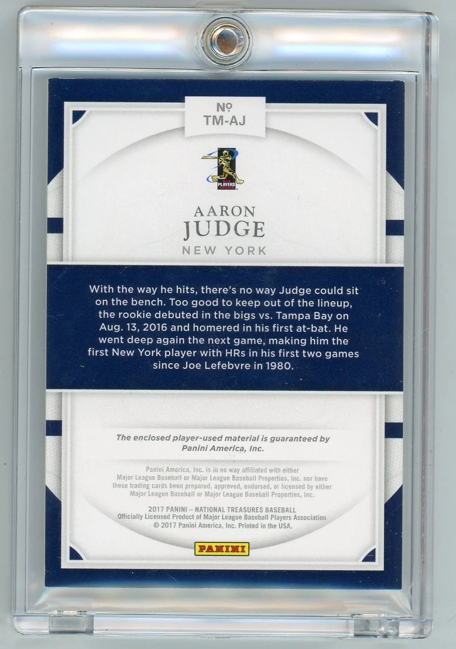 Aaron Judge 2017 Panini National Treasures Treasure Materials Button #'d 5/6