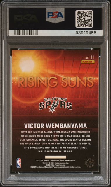 Victor Wembanyama 2023 Panini Donruss Optic Rising Suns RC PSA 9