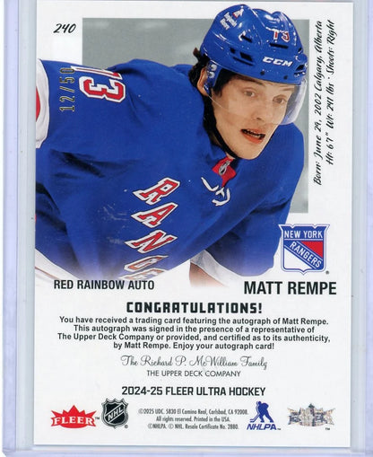 Matt Rempe 2024-25 Upper Deck Fleer Ultra Red Rainbow autograph RC #'d 12/50