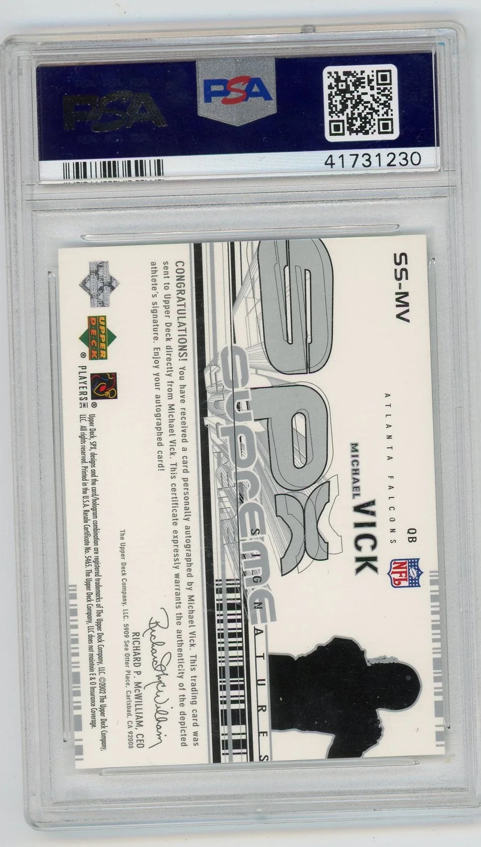 Michael Vick 2002 Upper Deck SPx Supreme Signatures PSA 9