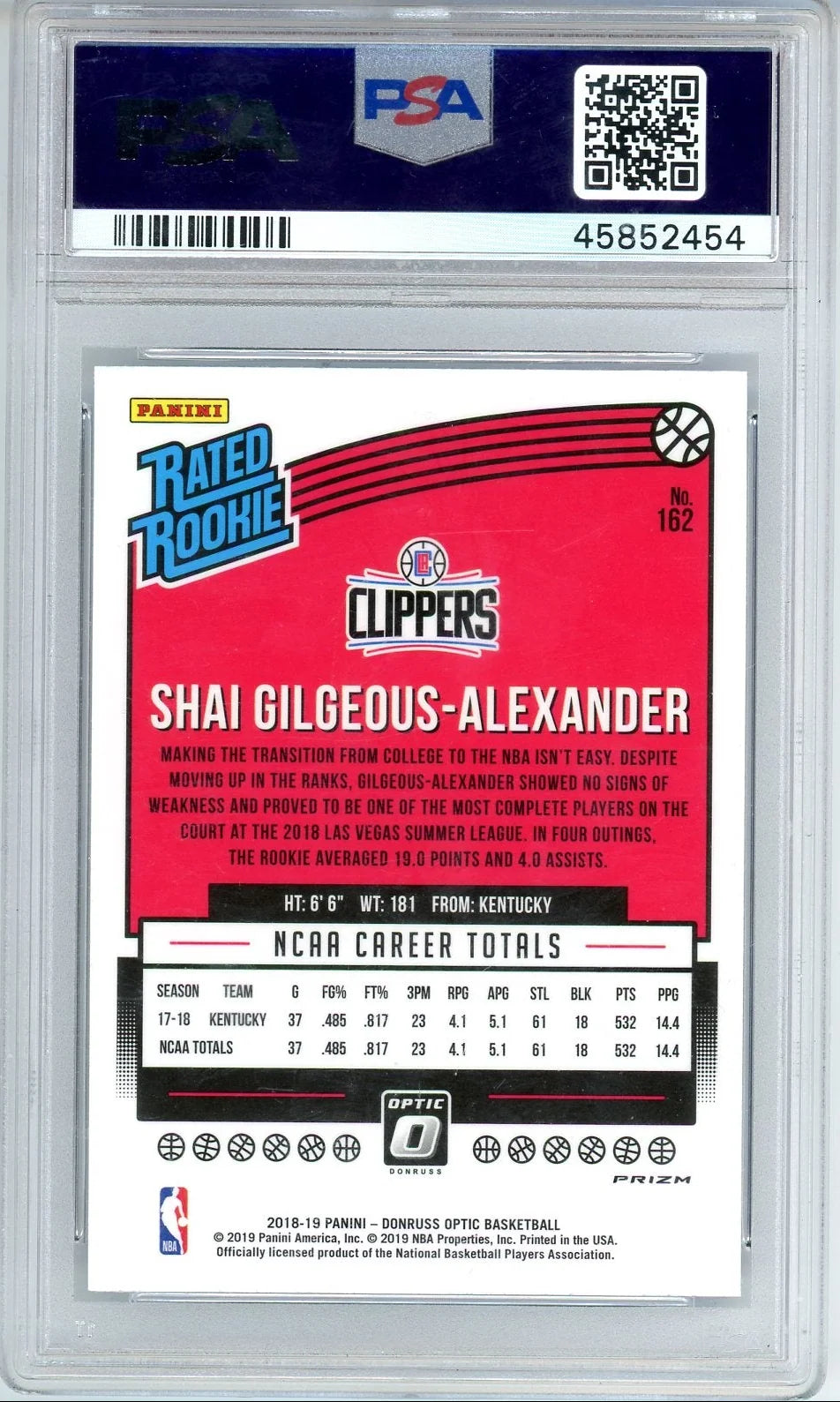 Shai Gilgeous-Alexander 2018 Panini Donruss Optic Blue Velocity rookie card PSA 10