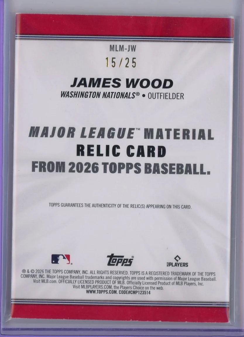 James Wood 2026 Topps Game Worn Relic #MLM-JW #'d /25