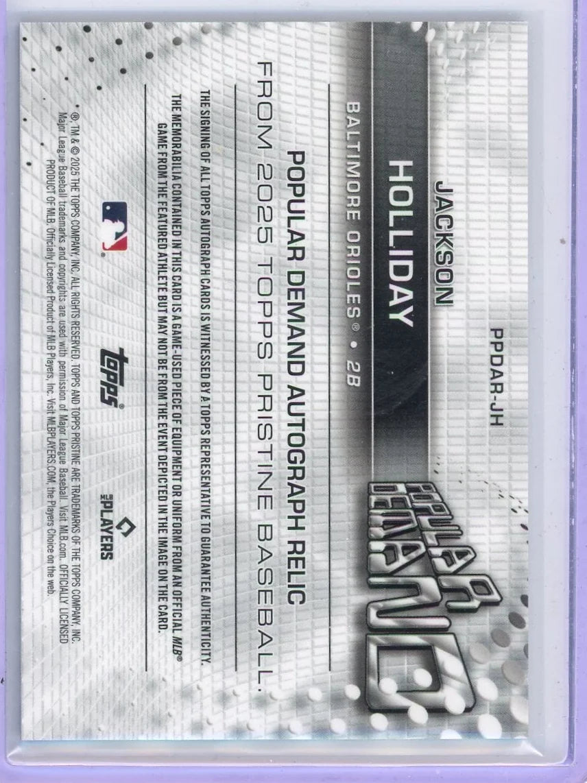 Jackson Holliday 2025 Topps Pristine Patch Auto #'d 65/75