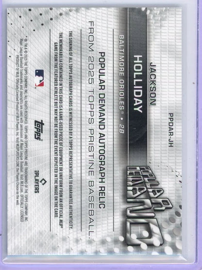 Jackson Holliday 2025 Topps Pristine Patch Auto #'d 65/75