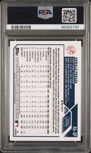 Oswald Peraza 2023 Topps Chrome autograph rookie card green ref. #'d 08/99 PSA 9