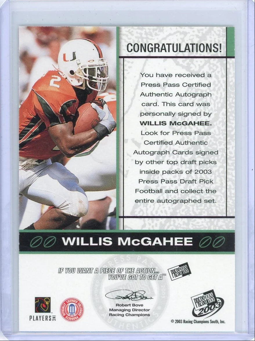 Willis McGahee 2003 Racing Champions Press Proof autograph