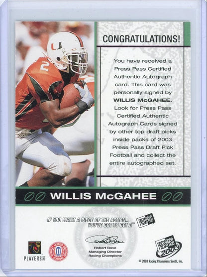 Willis McGahee 2003 Racing Champions Press Proof autograph