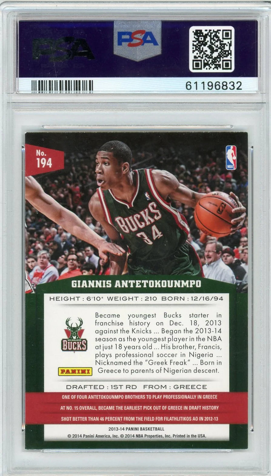 Giannis Antetokounmpo 2013 Panini rookie card #194 PSA AUTH Auto 9