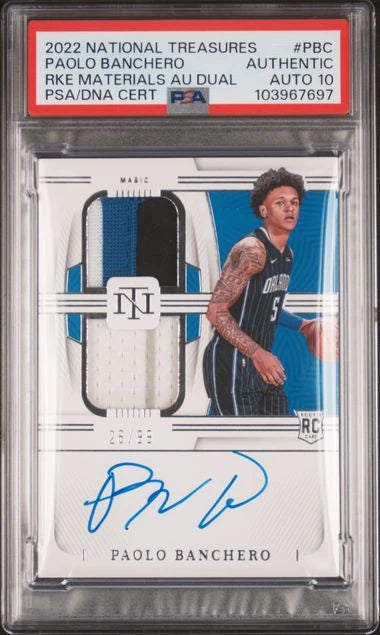 Paolo Banchero 2022 Panini National Treasures Rookie Materials dual relic auto rc #'d 26/99 PSA Authentic AUTO 10
