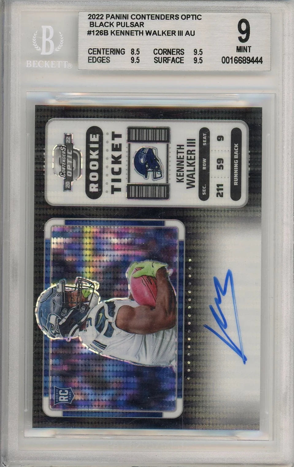 Kenneth Walker 2022 Panini Contenders Optic Black Pulsar Rookie Autograph #'d 2/8 BGS 9