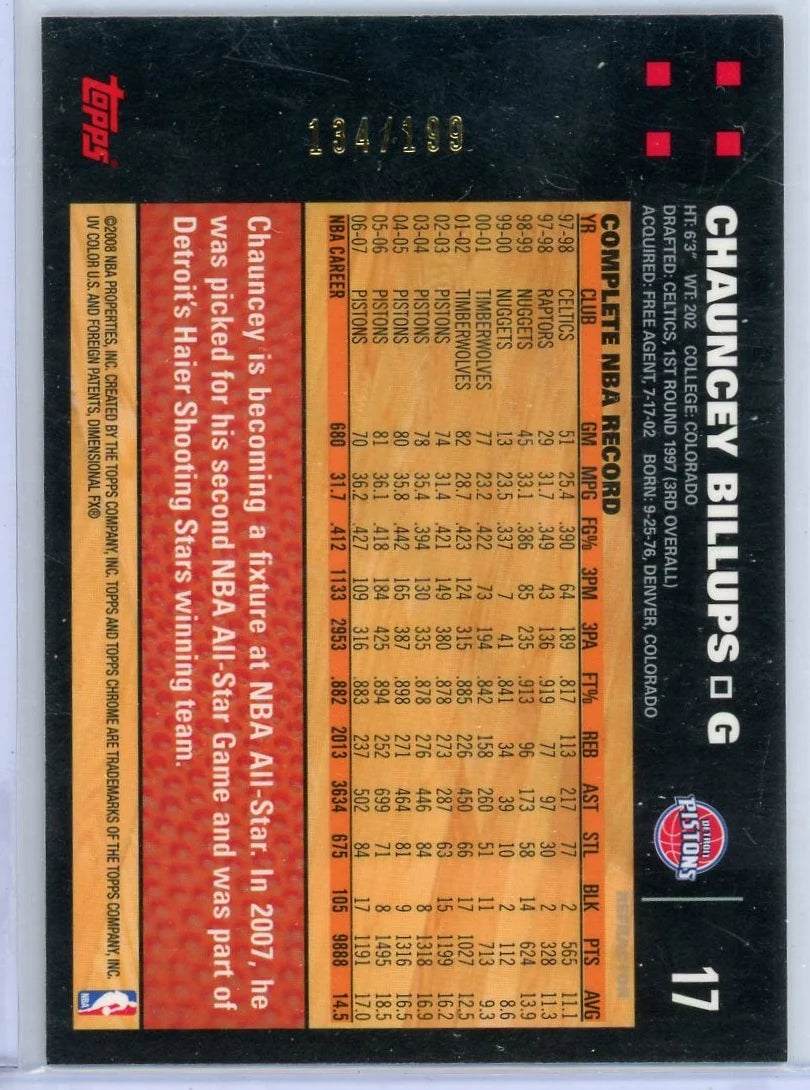Chauncey Billups 2007 Topps Chrome orange ref. #'d 134/199