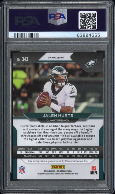 Jalen Hurts 2020 Panini Prizm No-Huddle Rookie Disco Auto PSA 9 AUTO 10