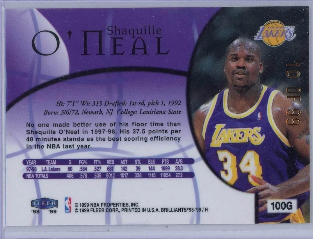 Shaquille O'Neal 1998-99 Fleer Brilliants Gold 10/99 #100G
