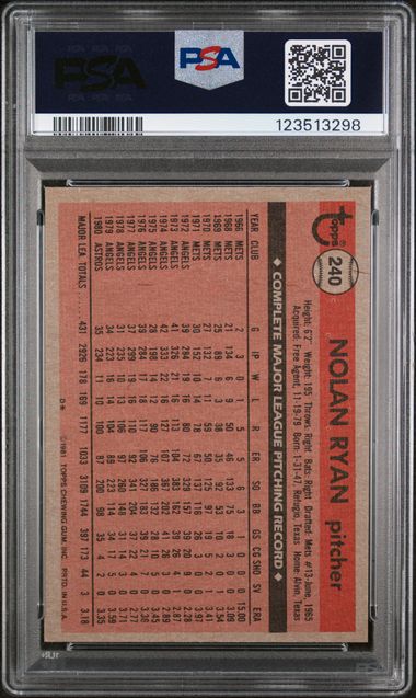 Nolan Ryan 1981 Topps #240 PSA 8