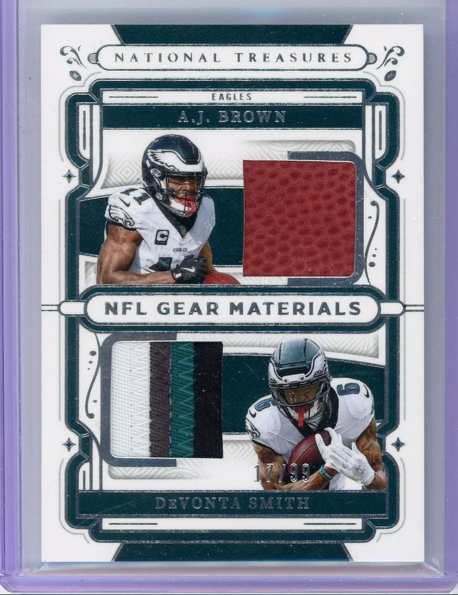AJ Brown DeVonta Smith 2025 Panini National Treasures NFL Gear Materials dual relic #'d 17/99