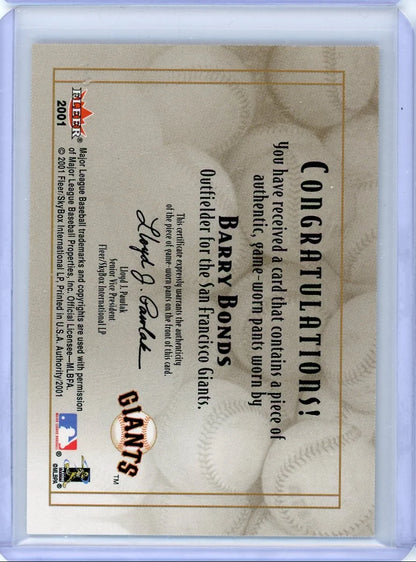 Barry Bonds 2001 Fleer Diamond Cuts Game Used Relic