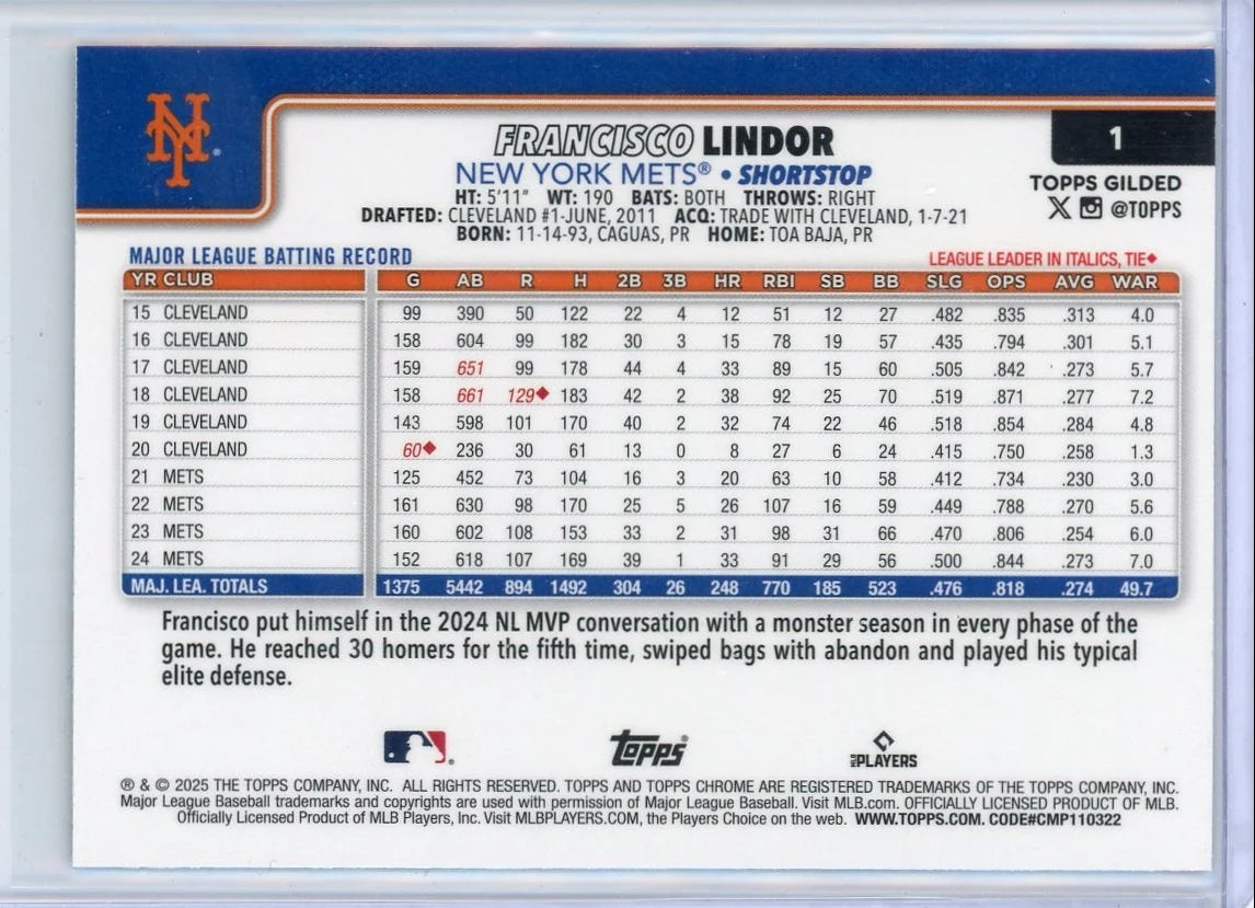 Francisco Lindor 2025 Topps Chrome Gilded Blue Gold #'d 40/75