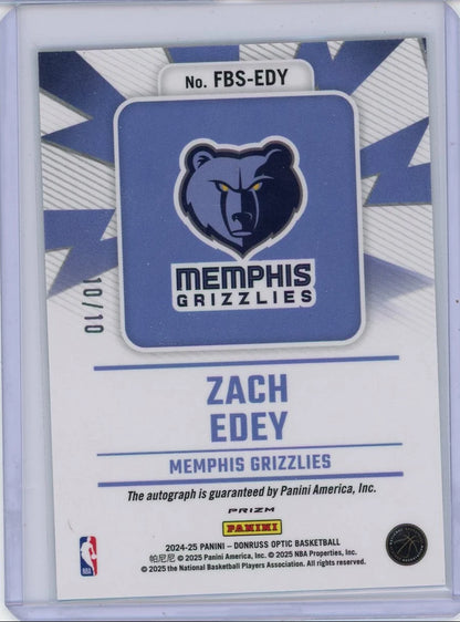 Zach Edey 2024-25 Panini Donruss Optic Fast Break Signatures Auto Gold RC #'d 10/10