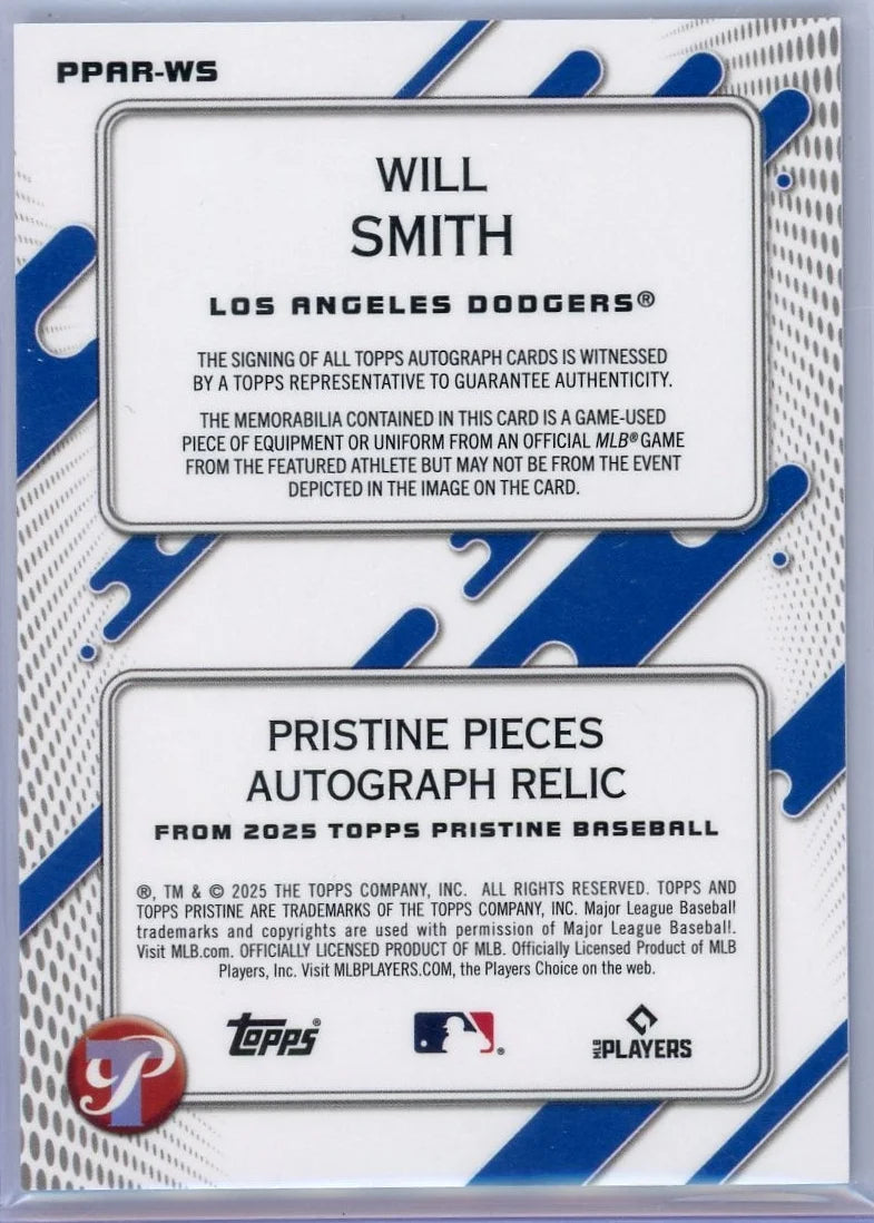 Will Smith 2025 Topps Pristine Blue Refractor Game-Used Mem and On Card Auto #'d 58/75