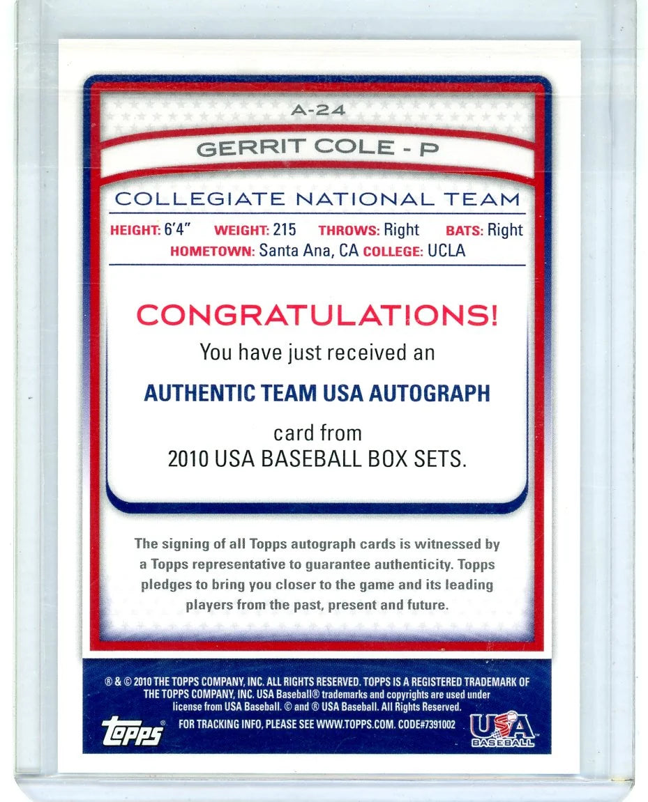 Gerrit Cole 2010 Topps USA Collegiate autograph