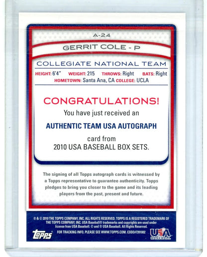 Gerrit Cole 2010 Topps USA Collegiate autograph