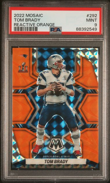 Tom Brady 2022 Panini Mosaic 'Super Bowl LI MVP' Reactive Orange PSA 9