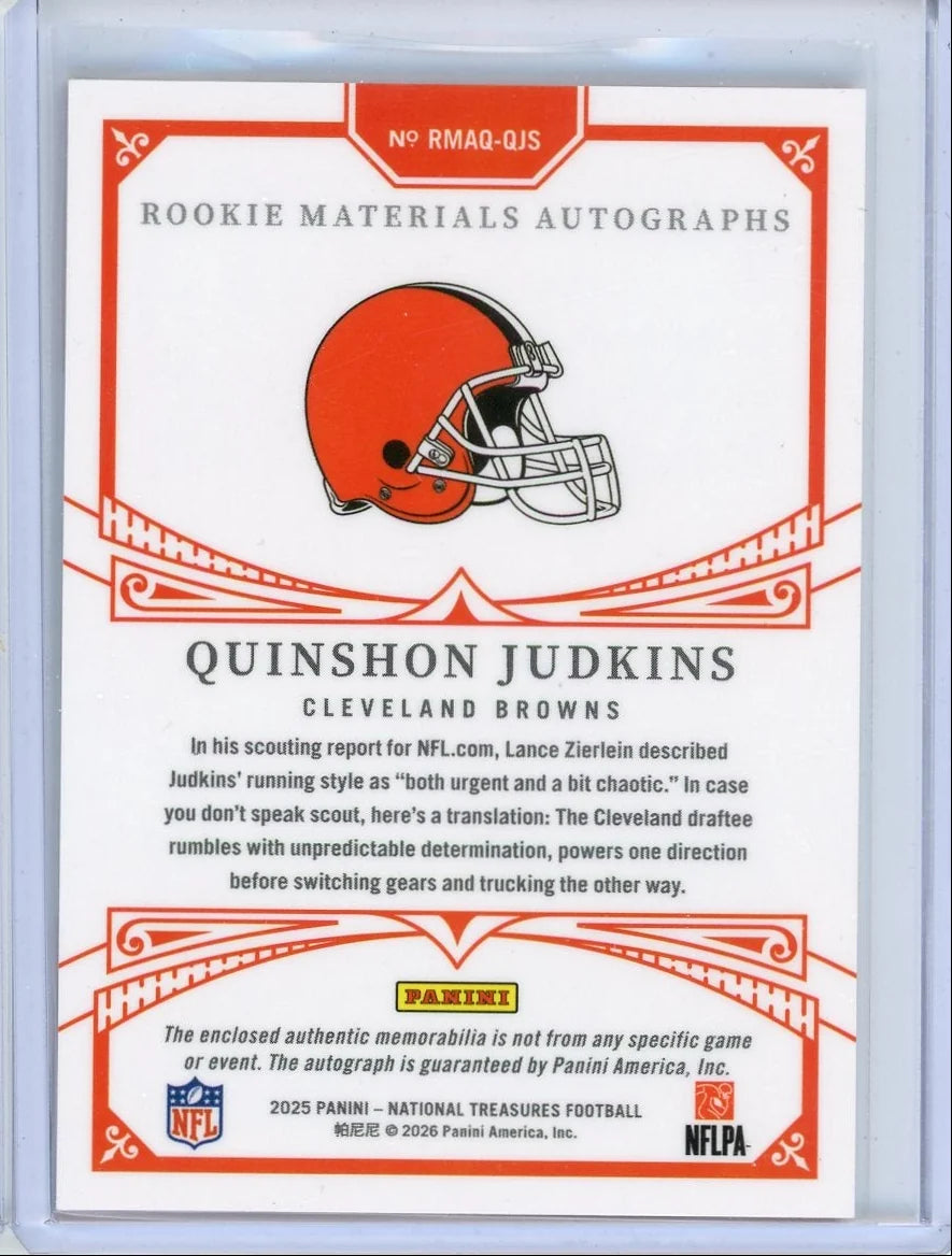 Quinshon Judkins 2025 Panini National Treasures Rookie Material Autographs Quad Relic Auto RC #'d 76/99