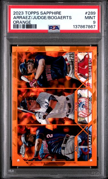 L. Arraez, A. Judge, X. Bogaerts 2023 Topps Sapphire Orange Ice #d 8/25 PSA 9