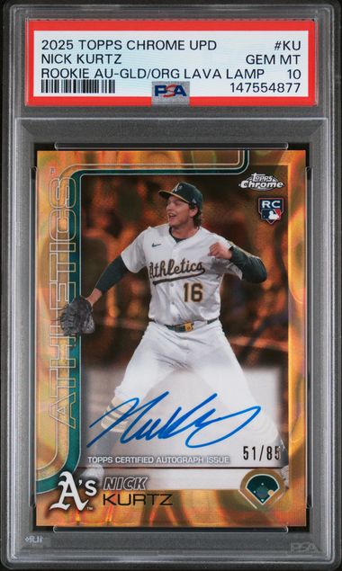 Nick Kurtz 2025 Topps Chrome Update autograph gold/orange lava lamp ref. rc #'d 51/85 PSA 10