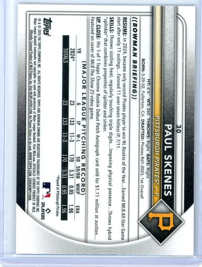 Paul Skenes 2025 Bowman Chrome Blue Wave Refractor #'d 006/150