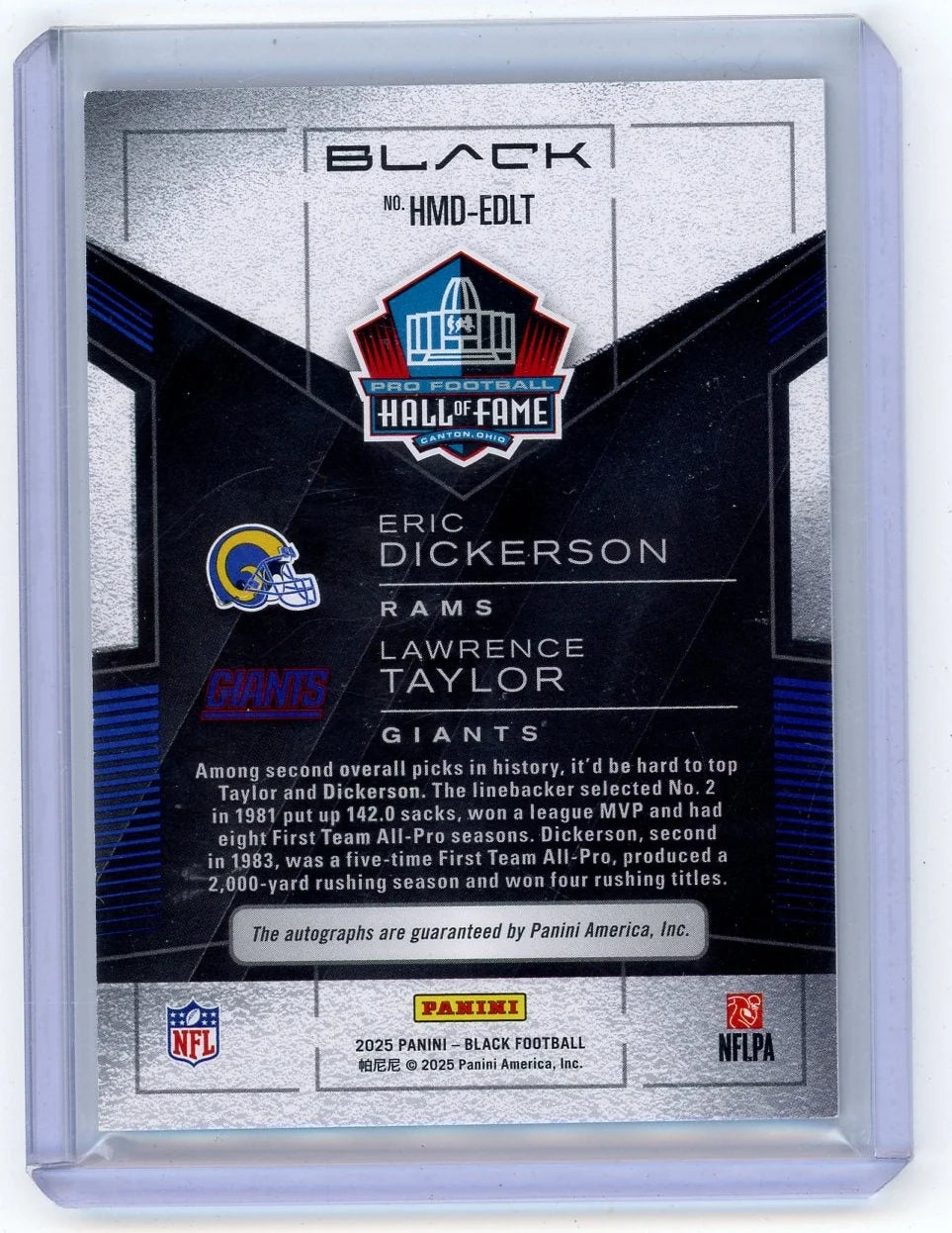 Eric Dickerson/Lawrence Taylor 2025 Panini Black Hall Mates Dual Auto #'d 19/50