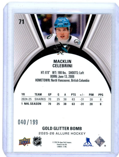 Macklin Celebrini 2025-26 Upper Deck Allure Gold Glitter Bomb #'d 040/199