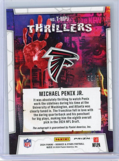 Michael Penix Jr. 2024 Panini Rookies & Stars Thrillers autograph RC #'d 92/99