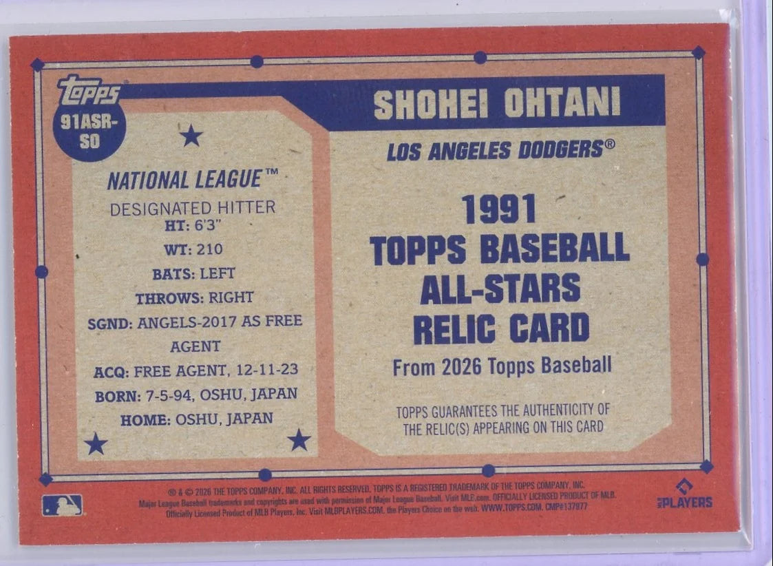 Shohei Ohtani 2026 Topps Series 2 1991 All-Star Relic #91ASR-SO