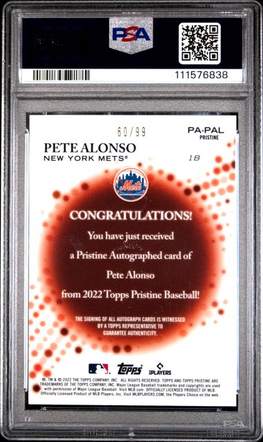 Pete Alonso 2022 Topps Pristine autograph refractor #'d 60/99 PSA 10