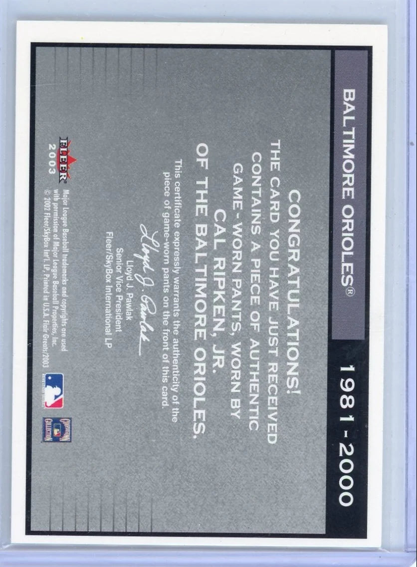 Cal Ripken Jr. 2002 Flair Greats Cut of History Relic