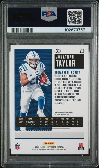 Jonathan Taylor 2020 Panini Playoff Contenders Rookie Ticket Preview Autograph Red #'d 11/23 PSA 9