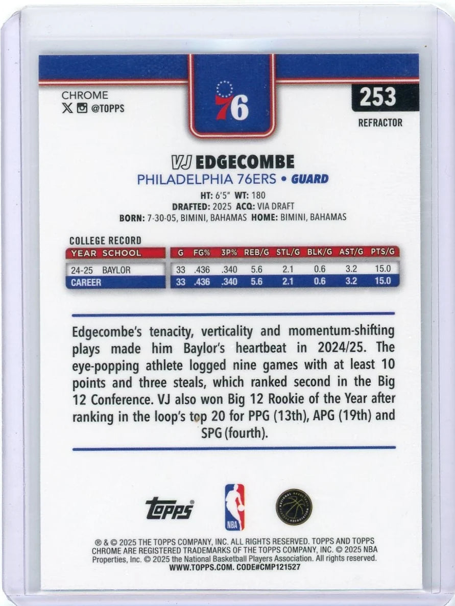 VJ Edgecomb 2025 Topps Chrome Basketball Rookie Refractor