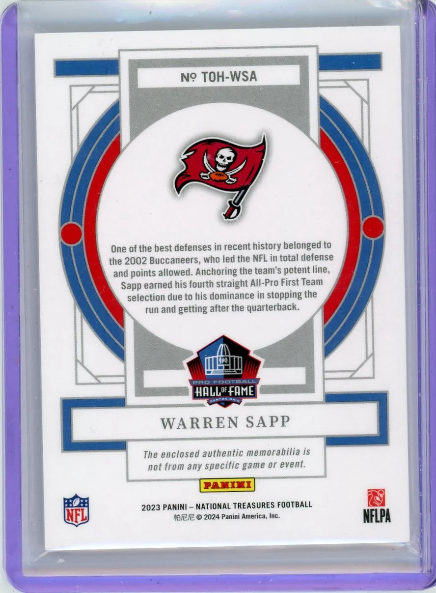 Warren Sapp 2023 Panini National Treasures Treasures of the Hall Relic Tag and Shield #'d 1/1