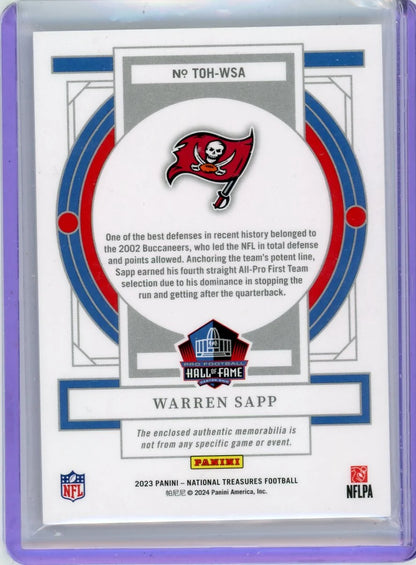 Warren Sapp 2023 Panini National Treasures Treasures of the Hall Relic Tag and Shield #'d 1/1