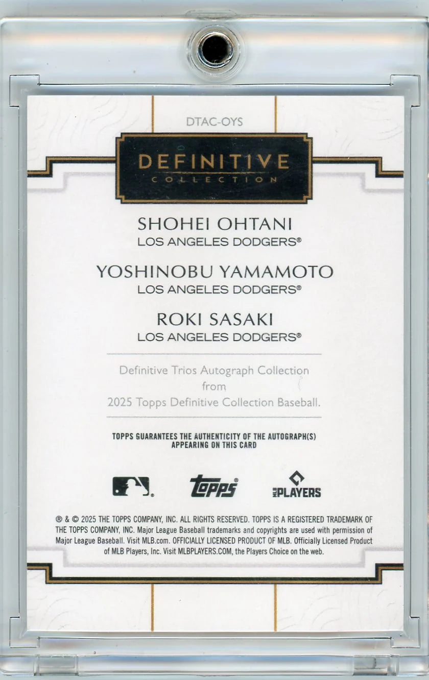 Shohei Ohtani / Yoshinobu Yamamoto / Roki Sasaki 2025 Topps Definitive Collection Trio Autograph Black #'d 8/10