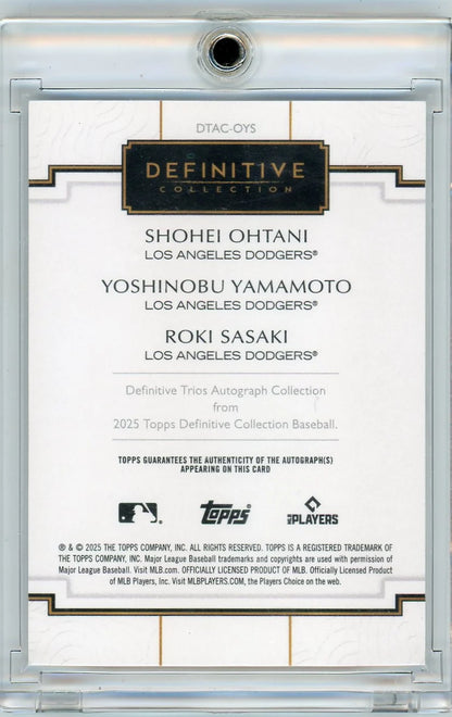 Shohei Ohtani / Yoshinobu Yamamoto / Roki Sasaki 2025 Topps Definitive Collection Trio Autograph Black #'d 8/10