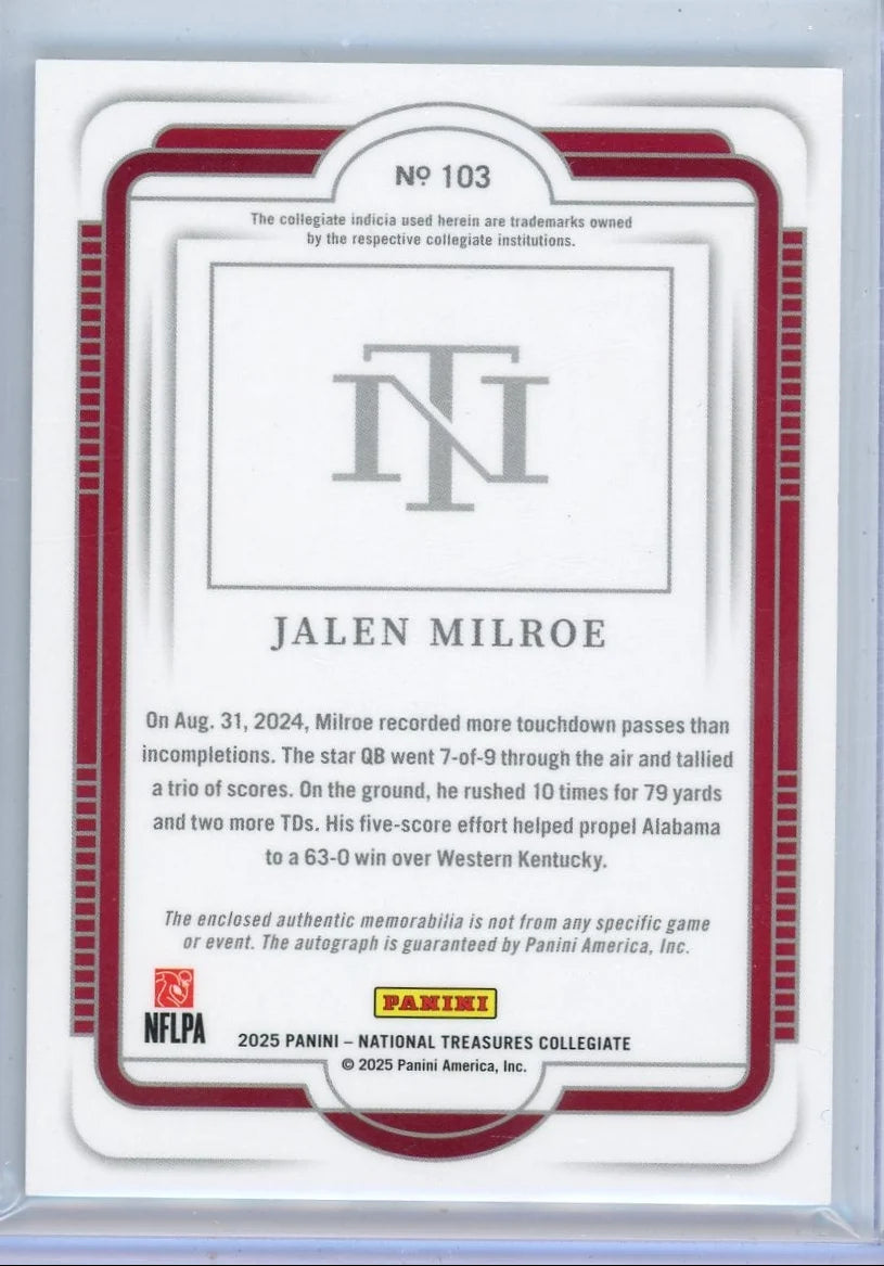 Jalen Milroe 2025 Panini National Treasures Collegiate RPA #'d 05/49