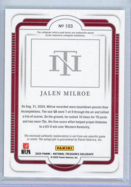 Jalen Milroe 2025 Panini National Treasures Collegiate RPA #'d 05/49