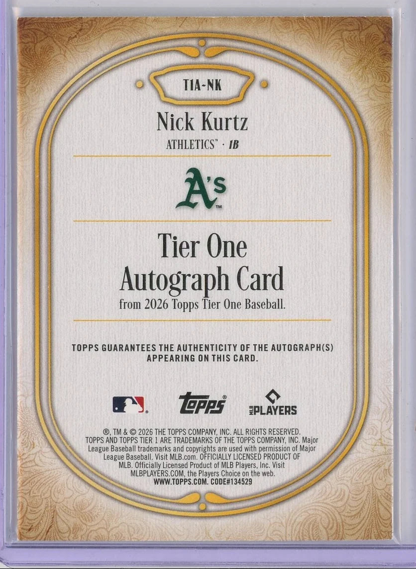 Nick Kurtz 2026 Topps Tier One Auto #T1A-NK #'d /25
