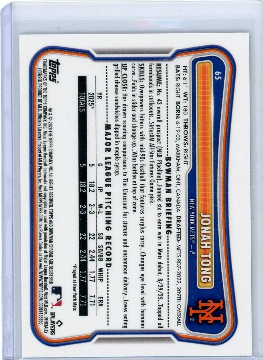 Jonah Tong 1st Bowman Chrome Refractor RC